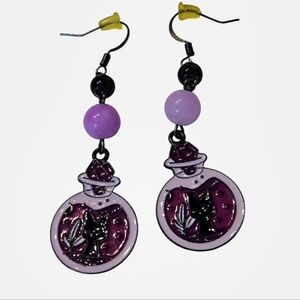 Cat Potion Bottle Earrings W/Obsidian & Purple Agate Beads Hypoallergenic NWOT